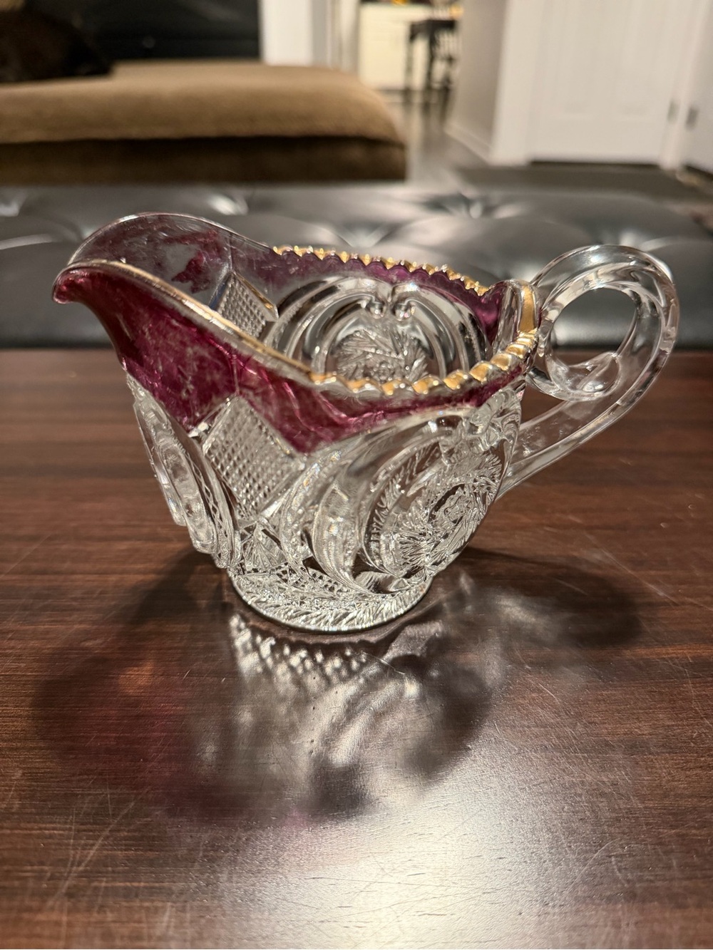 Vintage Cut Crystal Creamer with Purple Rim and Gold Trim #cottagecore